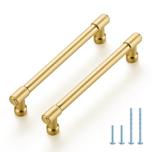 JOY DECOR 2 Pack 5 Inch Brushed Gold Cabinet Handles Modern Dresser Drawer Pulls Kitchen Cabinet Hardware for Cupboard Door Handles - color: Brushed Gold, size: 5 In Hole Center