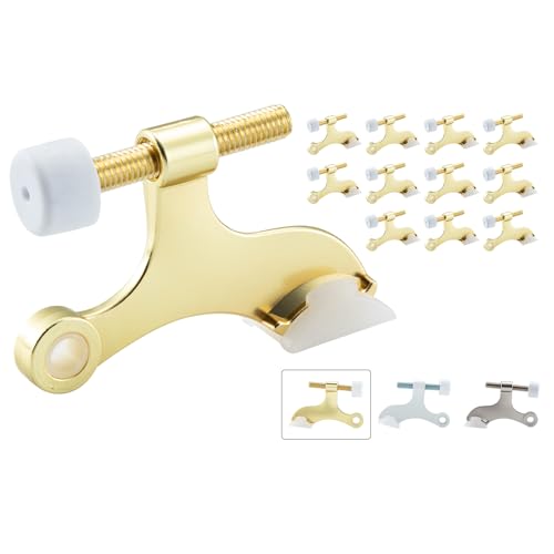HOME MASTER HARDWARE Hinge Pin Door Stopper 12-Pack, Adjustable Deluxe Heavy Duty Door Stop, Zinc Doorstops with Cushioned Plastics Bumper Tips Satin Brass Finish for Removable Pin Hinge - color: Satin Brass, size: 12 Pack