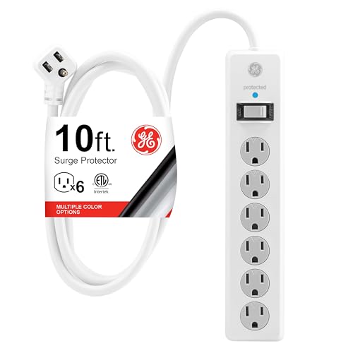 GE Surge Protector Power Strip, 10 Ft Extension Cord, 6 Outlet Extender, 800 Joules, Flat Plug, Twist-to-Close Safety Covers, ETL Listed, White, 14092 - color: White, size: 10 Ft, style: 1 Pack