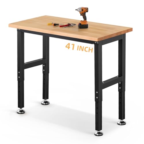 ENJOYWOOD Work Bench 41 Inch Workbench for Garage Adjustable Height Heavy Duty Work Table Rubberwood Tabletop for Cutting Wood Shop Home Office Electronic Woodworking - size: Small