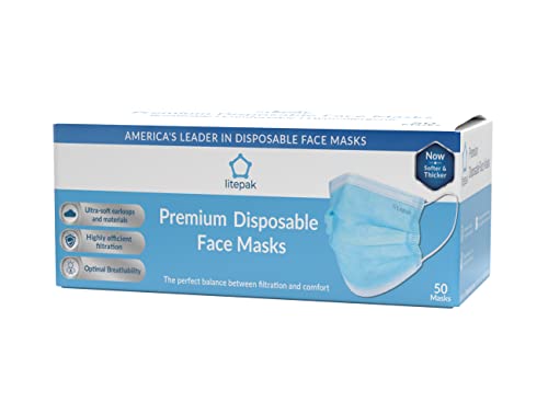 Litepak 50pcs Disposable Face Mask Thickness Comfort Earloops (Sky Blue, 50 Masks (1 Box)