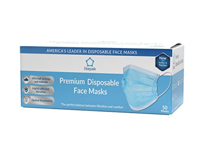 Litepak 50pcs Disposable Face Mask Thickness Comfort Earloops (Sky Blue, 50 Masks (1 Box)