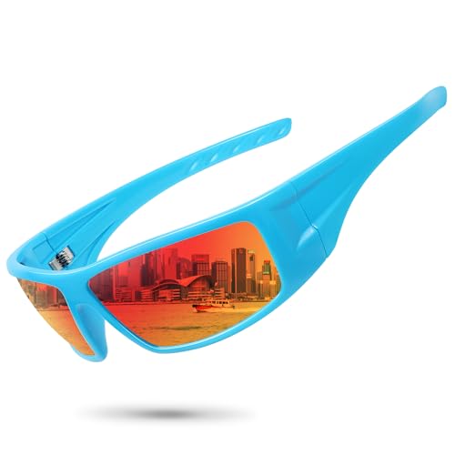 Polarized Sports Sunglasses for Men Women Unbreakable Frame Cycling Fishing Wrap Around Sunglasses UV400 Protection - color: 1-blue/Red Mirror Lens