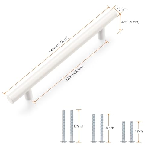 Probrico 5 Pack Hole Centers (128mm) 5inch White Kitchen Cabinet Handles Stainless Steel White Cabinet Pulls Round T Bar Pull Handle for Cabinets and Drawers Total Length 7.5inch - color: White, size: Hole Centers: 5"