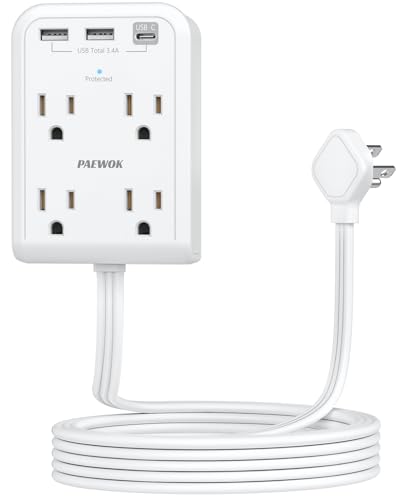 Surge Protector Power Strip with 3 USB Wall Plug(1 Type C), 4 AC Socket Wall Adapter, Electrical Outlet Extender Stick with 8 ft Thin Extension Cord, Home Office Dorm Room Essentials, White - color: White, size: 8 FT