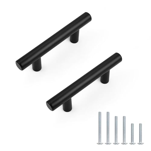 Probrico 5 Pack Hole Centers (64mm) 2-1/2inch Black Kitchen Cabinet Handles Stainless Steel Matte Black Cabinet Pulls Round T Bar Pull Handle for Cabinets and Drawers Total Length 4inch(100mm) - color: Black, size: Hole Centers: 2-1/2"
