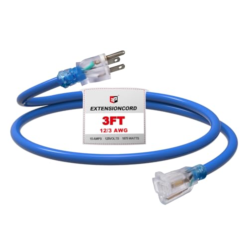 EP 3 Ft Outdoor Extension Cord, 12/3 SJTW Heavy Duty Waterproof Power Cable, 3 Prong Grounded Plug, Lighted End, for Lawn, Garden, Appliances, Blue - color: Blue, size: 3ft