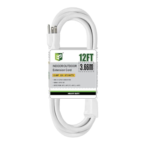 EP 12/3 12 FT Indoor Outdoor White Extension Cord Waterproof, 12 Gauge 3 Prong Power Cord Flexible Resistant Appliance Extension Cable Electric Cable Outside, 15A 1875W 12AWG SJTW, ETL Listed - color: White, size: 12ft
