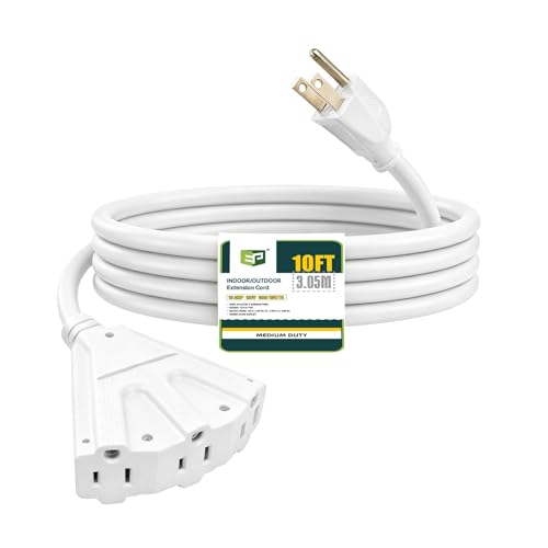 EP 10 Ft Outdoor Extension Cord with 3 Electrical Power Outlets - 16/3 SJTW White Cable with 3 Prong Grounded Plug for Safety Great for Christmas Lights, Garden and Major Appliances - color: White, size: 10ft