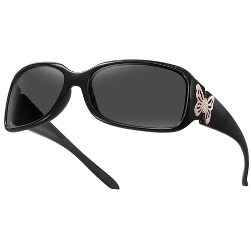 HAOLOTA Women's Polarized Sunglasses - Fashionable Wraparound Butterfly Design with UV400 Protection - color: A03 Black Frame/Grey Lens