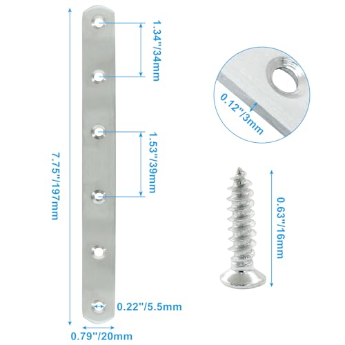 4 Pack 8 Inch Stainless Steel Flat Plate Straight Bracket Flat Metal Brace Bracket, 200mm Metal Brackets Mending Repair Plate Brace with Screws for Wood Straight Brace - size: 8"-200mm-Silver