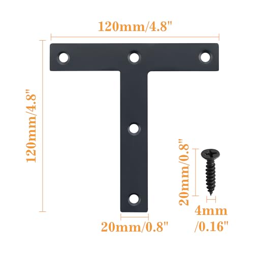 Mooche T Flat Brackets for Wood, Corner Bracket Black Corner Brace Mending Plate Repair Stainless Steel Flat Braces for Tables Chairs Sofas Beds Cabinets Doors (10Pack T-Shaped 120mmX120mm Black)