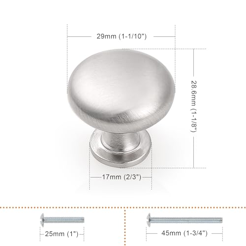 Probrico 5 Pack Cabinet Knobs Hardware,Furniture Round Knobs in Brushed Nickel Finish,1-3/16 inch(29.5mm) Diameter Kitchen Pull Knobs - color: Brushed Nickel