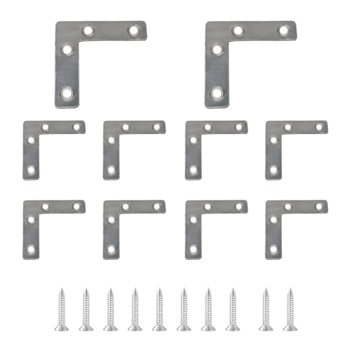 10PCS (60x60mm) Flat L Brackets Corner Braces, Heavy Duty Steel Right Angle Support Plates for Furniture, Shelves, Photo Frames, Cabinet Repair (Silver) - size: 2.36" x 2.36", style: Silver