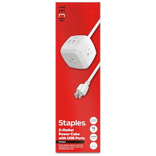 Staples TECH 3‑Outlet Extension Cord – 5 ft. 14‑AWG Indoor Power Cable for Home, Office & Workspace, White
