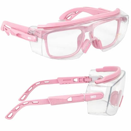 UNCO- Safety Goggles Over Glasses with Clear Wraparound Lens, Pink Arms, Safety Glasses Over Eyeglasses