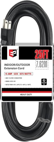 EP 12/3 25 FT Indoor Outdoor Black Extension Cord Waterproof, 12 Gauge 3 Prong Power Cord Flexible Resistant Appliance Extension Cable Electric Cable Outside, 15A 1875W 12AWG SJTW, ETL Listed - color: Black, size: 25ft