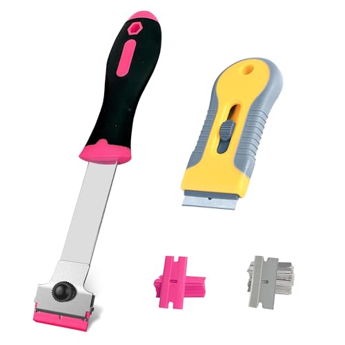 2 Pack Razor Blade Scraper with 10 Plastic and 20 Metal Blades for Removing Paint, Registration Sticker, Grease from Windshield, Glass Top Stove Cooktop Scraper(Pink) - color: Pink-yellow
