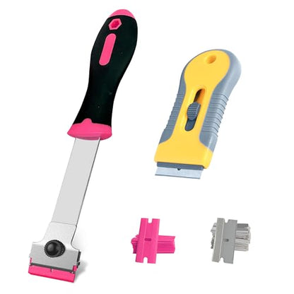 2 Pack Razor Blade Scraper with 10 Plastic and 20 Metal Blades for Removing Paint, Registration Sticker, Grease from Windshield, Glass Top Stove Cooktop Scraper(Pink) - color: Pink-yellow