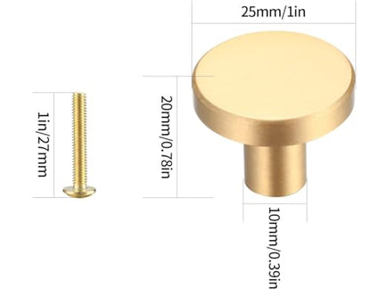 Gold Cabinet Solid Knobs, 8 Pcs Brushed Brass Round Kitchen Cabinet Hardware Pulls Knobs Gold for Dresser Drawer Cupboard Furniture Closet Wardrobe Door Knobs Handles, with Screwdriver,20x25 mm - size: 25mm/0.98inch (8 pcs Brass)