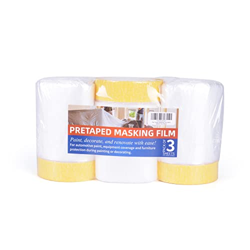 TAPEBEAR Pre-Taped Masking Film, Tape and Drape, Plastic Sheeting Roll, Automotive Painters Masking Tape Film, Plastic Sheeting Cover for Appliance, Car, 22inch X 65feet, 3Rolls - size: 550mm x 20m