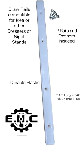 Replacement Guide Rails White for Grooved Drawers/Compatible for Some IKEA/and Older Dressers and Nightstands 11.25” L x 5/8”W x 5/16”Thick / 2 Rails and Fasteners by E.H.C.