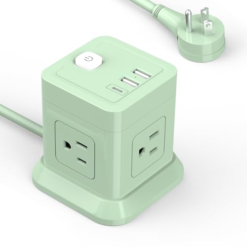 Cube Power Strip, FDTEK 4 Widely Spaced Outlet with 3 USB (1 USB C) Flat Plug Power Strips with Long Extension Cords Space Save Compact Portable for Travel Home Office Cruise - 10FT Green - color: Green, size: 10FT
