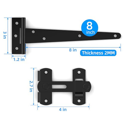Fence Gate Frame Kit with 8 inch Hinges and Gate Latch, Includes Corner Brace Brackets, Suitable for Wooden Shed Doors and Barn Doors - size: 8 Inch