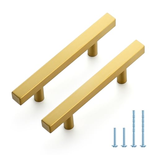 JOY DECOR 10 Pack 3 Inch Brushed Brass Square Cabinet Handles Stainless Steel Cabinet Hardware Pulls for Kitchen and Drawers with 5 Inch Overall Length - color: Brushed Brass, size: 3 Inch Hole Center