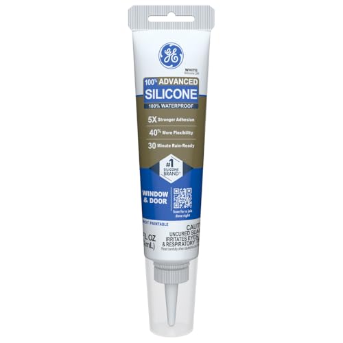 GE Advanced Silicone Caulk for Window & Door, White, 2.8 fl oz Tube, 1 Pack - 100% Waterproof Silicone Sealant, 5X Stronger Adhesion, Freeze & Sun Proof - color: White, size: Pack of 1