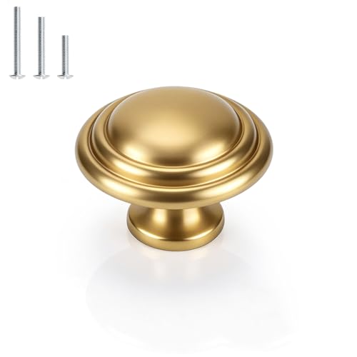 Gobrico 5 Pack 1-3/8 Inch Cabinet Knobs, Brushed Gold Dresser Knob, Brushed Brass Round Bifold Kitchen Wardrobe Drawer Knob - color: Brushed Gold
