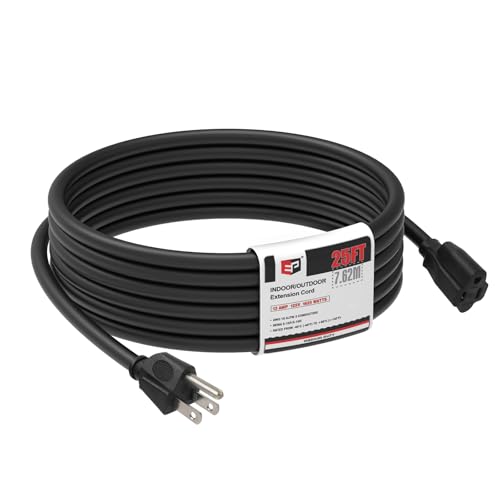 EP 25FT Black Outdoor Extension Cord, 16/3 SJTW Heavy Duty Waterproof, 3 Prong Grounded Plug, 13A 1625W 16AWG, Cold-Resistant Flexible Power Cable for Garden, Home, Christmas Lights - color: Black, size: 25ft-1PK