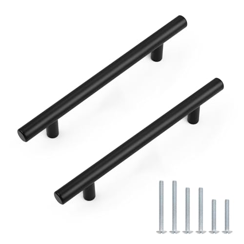 Probrico 5 Pack Holes Spacing (128mm) 5inch Black Kitchen Cabinet Handles Stainless Steel Matte Black Cabinet Pulls Round T Bar Pull Handle for Cabinets and Drawers Total Length 7.5inch(192mm) - color: Black, size: Hole Centers: 5"