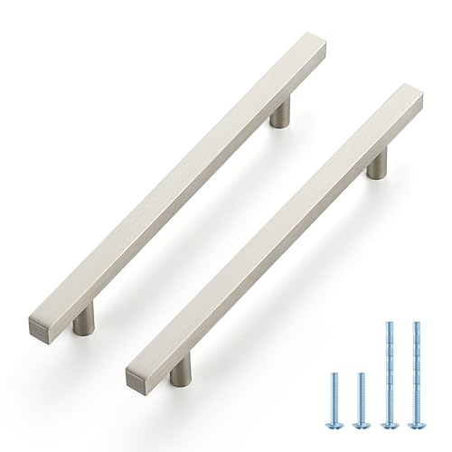 JOY DECOR 10 Pack 6-1/4 Inch Brushed Nickel Square Cabinet Handles Stainless Steel Cabinet Hardware Pulls for Kitchen and Drawers with 8-13/16 Inch Overall Length - color: Brushed Nickel, size: 6-1/4 Inch Hole Center