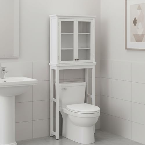 Alaterre Furniture Dorset Over-The-Toilet Storage Cabinet with Tempered Glass Doors – White Wood Bathroom Space Saver Organizer with Adjustable Shelves, Hutch & Wall Mount Hardware - size: Toilet Shelf + Glass Door Cabinet
