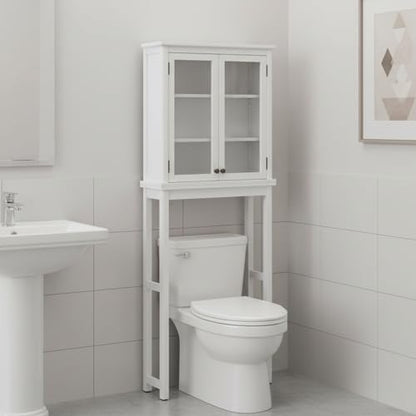 Alaterre Furniture Dorset Over-The-Toilet Storage Cabinet with Tempered Glass Doors – White Wood Bathroom Space Saver Organizer with Adjustable Shelves, Hutch & Wall Mount Hardware - size: Toilet Shelf + Glass Door Cabinet