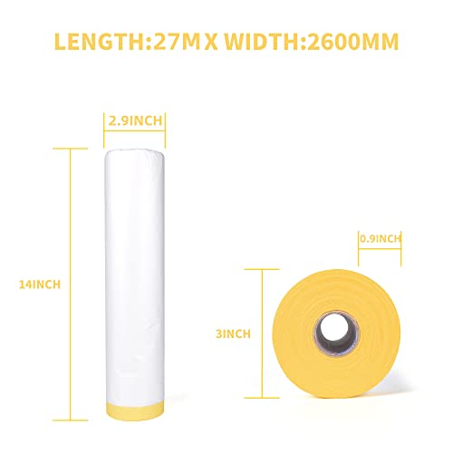 TAPEBEAR Pre-Taped Masking Film, Tape and Drape, Plastic Sheeting Roll, Automotive Painters Masking Tape Film, Plastic Sheeting Cover for Appliance and Furniture, 9feet X 90feet, 2600mmx 27m,3Rolls - size: 2600mm x 27m