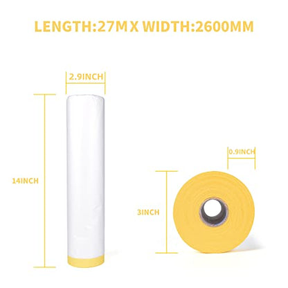 TAPEBEAR Pre-Taped Masking Film, Tape and Drape, Plastic Sheeting Roll, Automotive Painters Masking Tape Film, Plastic Sheeting Cover for Appliance and Furniture, 9feet X 90feet, 2600mmx 27m,3Rolls - size: 2600mm x 27m
