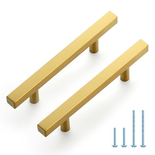 JOY DECOR 10 Pack 3-1/2 Inch Brushed Brass Square Cabinet Handles Stainless Steel Cabinet Hardware Pulls for Kitchen and Drawers with 6 Inch Overall Length - color: Brushed Brass, size: 3-1/2 Inch Hole Center
