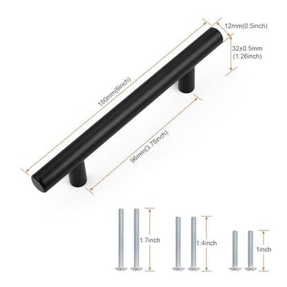 Probrico 5 Pack Holes Spacing (96mm) 3.75inch Black Kitchen Cabinet Handles Stainless Steel Matte Black Cabinet Pulls Round T Bar Pull Handle for Cabinets and Drawers Total Length 6inch(150mm) - color: Black, size: Hole Centers: 3-3/4"