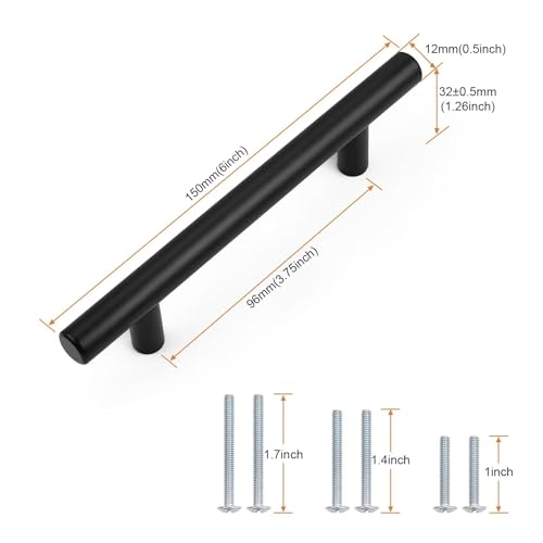 Probrico 5Pack Hole Centers 3-3/4inch Matte Black Kitchen Cabinets Pulls, Stainless Steel Dresser Drawer Handles, Modern T Bar 6inch Length Pull Handle for Closet - size: Center to Center: 3-3/4 inch