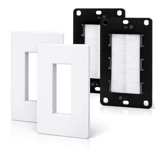 Set of 2 Brush Wall Plate Cable Pass through with Brackets - Screw less In Wall Cable Management Kit - Snap-on Single Gang Wall Cover Plate for Low Voltage Cables - TV Cord Hider for Wall Mounted TV