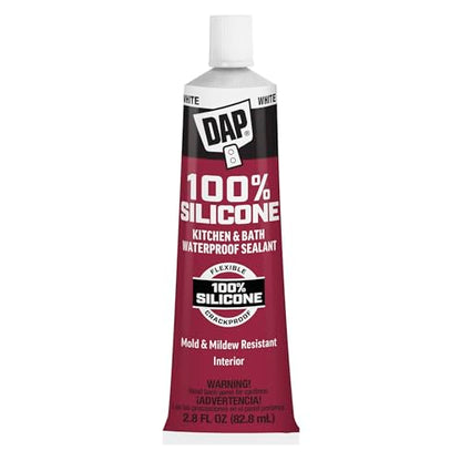 DAP 100% Silicone Rubber Kitchen, Bath & Plumbing Bath Sealant, White, 2.8 oz (7079800950)