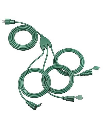 DEWENWILS Outdoor Extension Cord 1 to 3 Splitter, Total 52FT, 13A 125V 1625W 16/3C SJTW Extension Cord Waterproof Heavy Duty Cord for Holiday Decorations, Outdoor String Light, ETL Listed - color: Green, size: 52FT(34+6*3), style: 1 to 3 Splitter