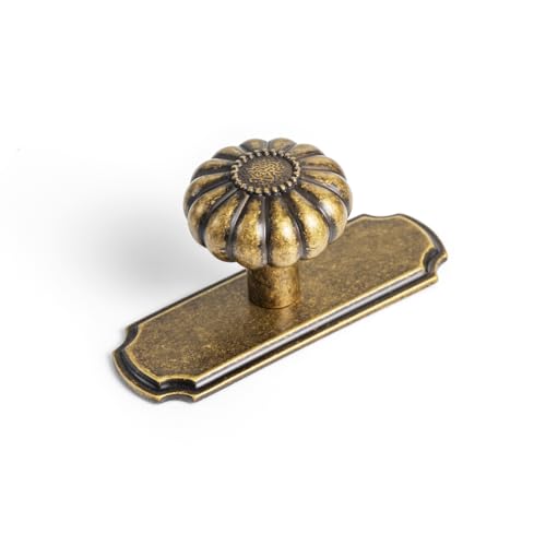 Set of 6 - Elegant Vintage Bloom Antique Brass Cabinet Knobs with Backplate, Drawer Pulls for Kitchen, Dresser Cabinet Hardware for Bedroom, 1-1/4 Inches Diameter Handles - color: Antique Brass, size: Knob