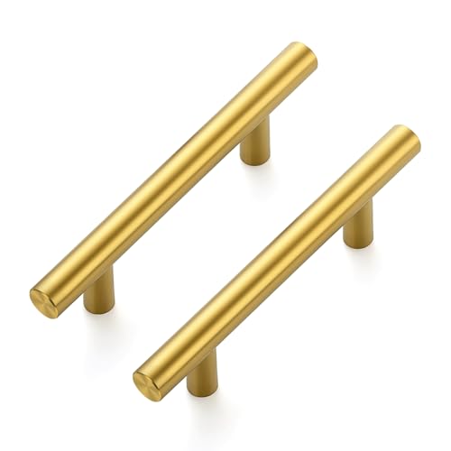 10 Pack Cabinet Handles with 3 Inch (76mm) Hole Center Brushed Brass Cabinet Pulls Stainless Steel Drawer Pulls, Kitchen Knobs for Dresser Drawer, 5 Inch Overall Length - color: Brushed Brass T-Shaped, size: 3" Hole Center