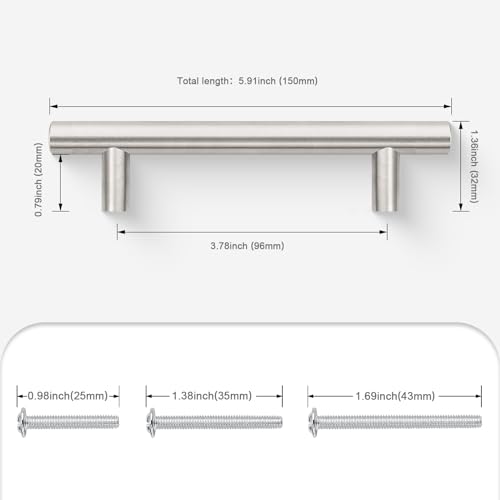 Probrico 5 Pack Hole Centers (96mm) 3-3/4inch Brushed Nickel Cabinet Pulls Stainless Steel Kitchen Drawer Handles Euro Style T Bar Dresser Pull Handle Length 150mm(6inch) - color: Brushed Nickel, size: Hole Centers: 3-3/4"