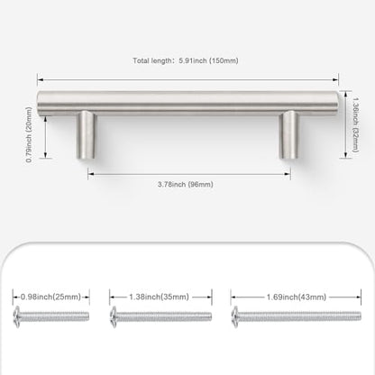 Probrico 5 Pack Hole Centers (96mm) 3-3/4inch Brushed Nickel Cabinet Pulls Stainless Steel Kitchen Drawer Handles Euro Style T Bar Dresser Pull Handle Length 150mm(6inch) - color: Brushed Nickel, size: Hole Centers: 3-3/4"