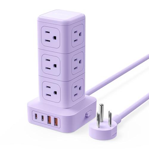 ORICO Power Strip Tower with Multiple Outlets, Tower Extension Cord with 12 AC Outlets 4 USB Ports (2 USB C), Space Saving Design, 5FT Cord Power Tower for Home, Office, Dorm - TPP20 - color: Purple