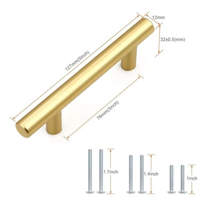 Probrico 5 Pack Hole Centers (76mm) 3inch Gold Kitchen Cabinet Handles Stainless Steel Polished Gold Cabinet Pulls Round T Bar Pull Handle for Cabinets and Drawers Total Length 5inch(127mm) - color: Gold, size: Hole Centers: 3"